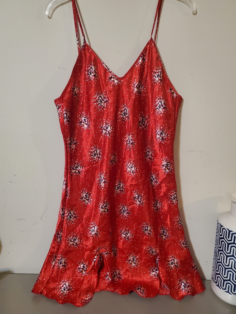 Y2k 90s Red Floral Satin Slip Dress